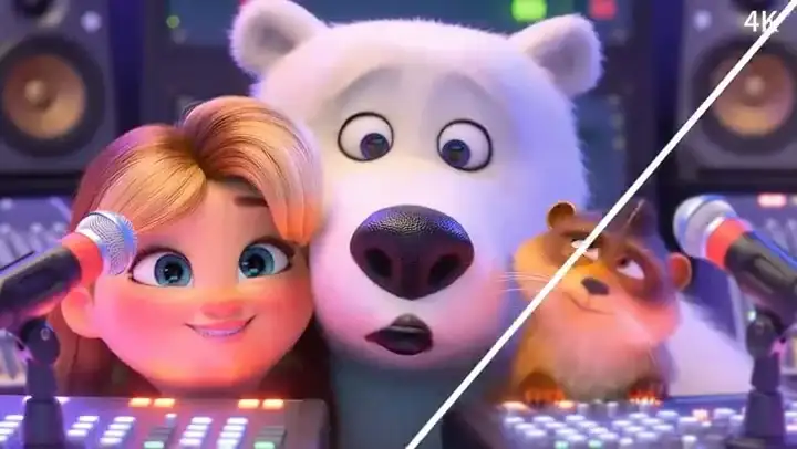Video Upscaler example: soft animated studio scene wiped into a crisp export