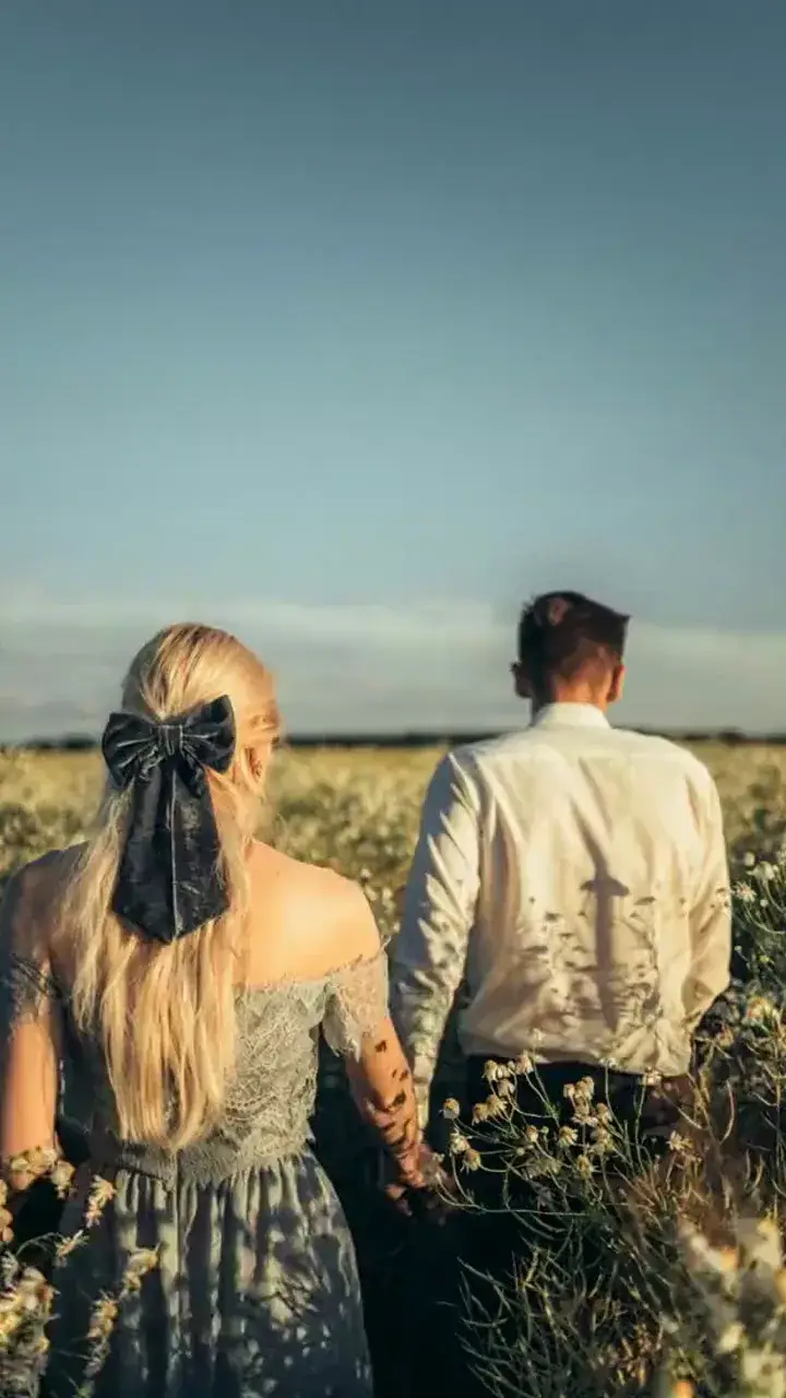 Image to Video example: a couple walking hand in hand through a flower field