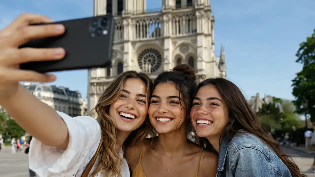 Reference to Video example: three friends taking a daylight selfie in front of a stone cathedral, then looking at one another