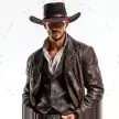 Reference to Video example: a man in a dark hat and leather coat