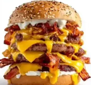 Reference to Video example: a tall bacon cheeseburger