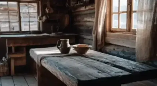 Reference to Video example: a wooden cabin table by a window