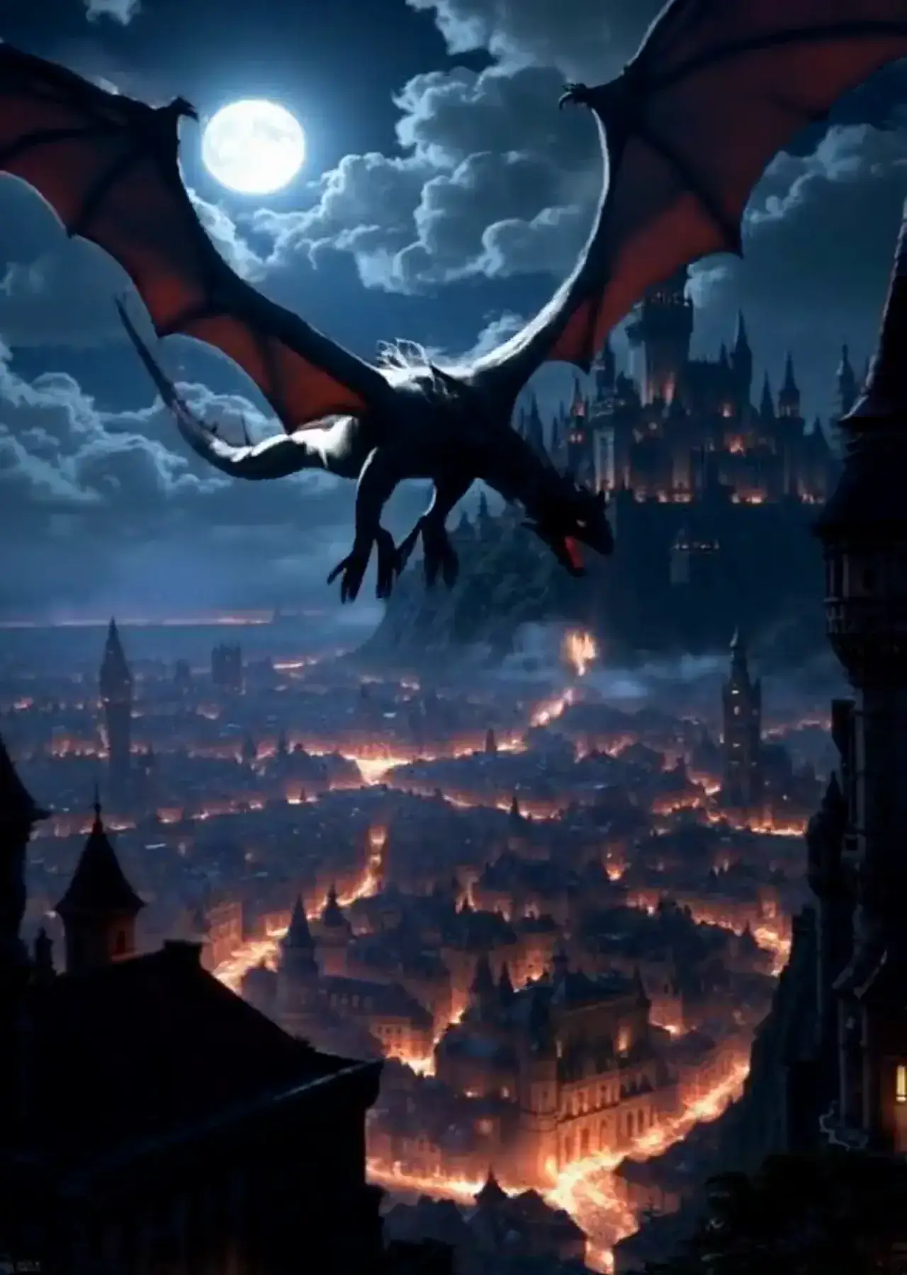 Text to Video example: a dragon flying over a glowing medieval city under a full moon