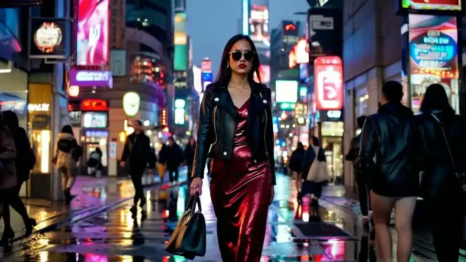 AI Video Generator example: a fashionable woman walking through a neon-lit Tokyo street at night